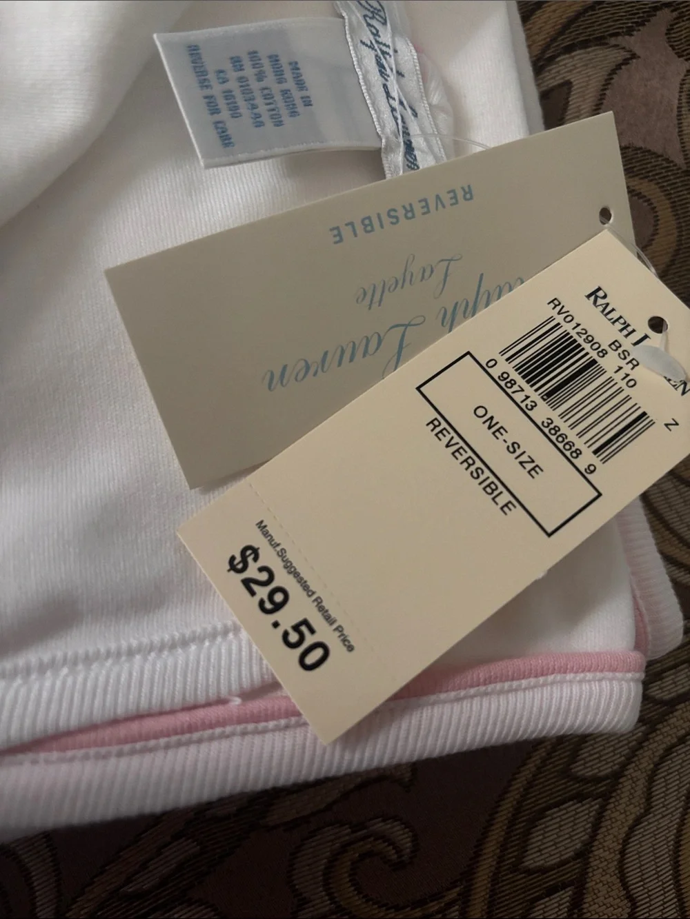 Ralph Lauren White Baby Blanket with Pink Trim and Pony Logo